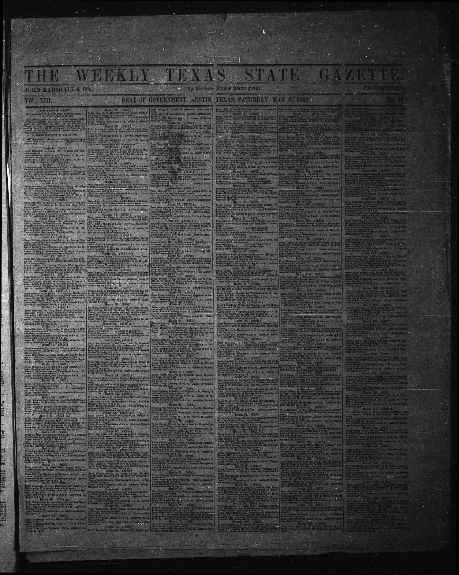 The Weekly Texas State Gazette. (Austin, Tex.), Vol. 13, No. 39, Ed. 1 Saturday, May 3, 1862
                                                
                                                    [Sequence #]: 1 of 4
                                                