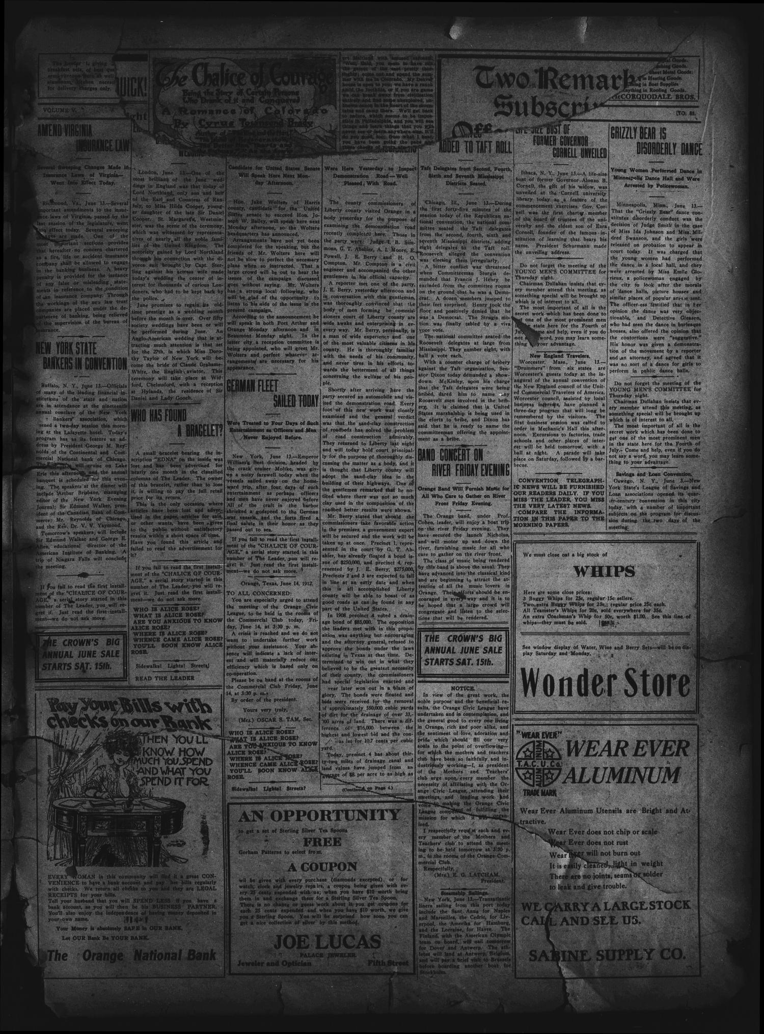 The Daily Leader. (Orange, Tex.), Vol. 5, No. 81, Ed. 1 Thursday, June 13, 1912
                                                
                                                    [Sequence #]: 1 of 4
                                                