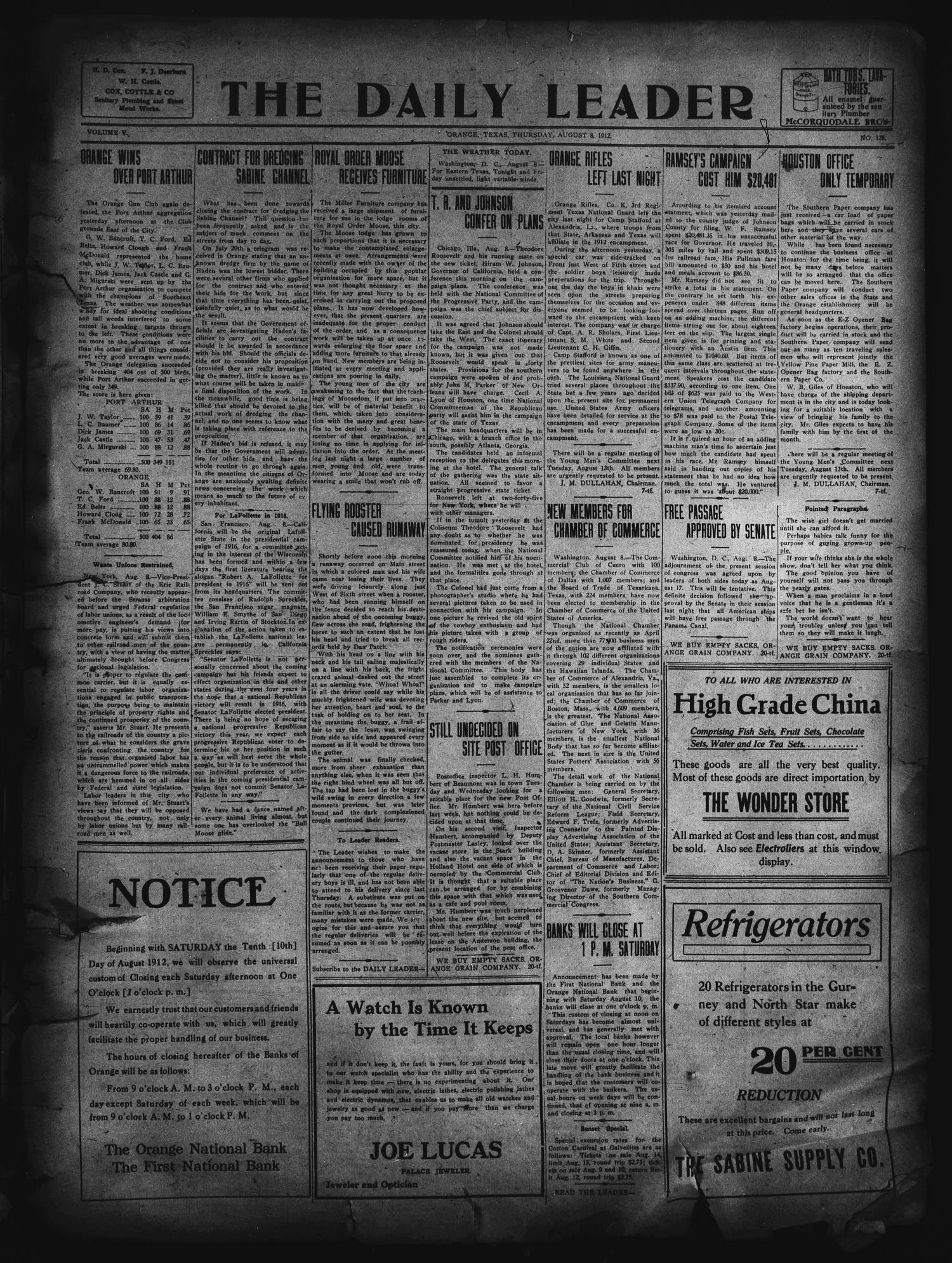 The Daily Leader. (Orange, Tex.), Vol. 5, No. 128, Ed. 1 Thursday, August 8, 1912
                                                
                                                    [Sequence #]: 1 of 4
                                                