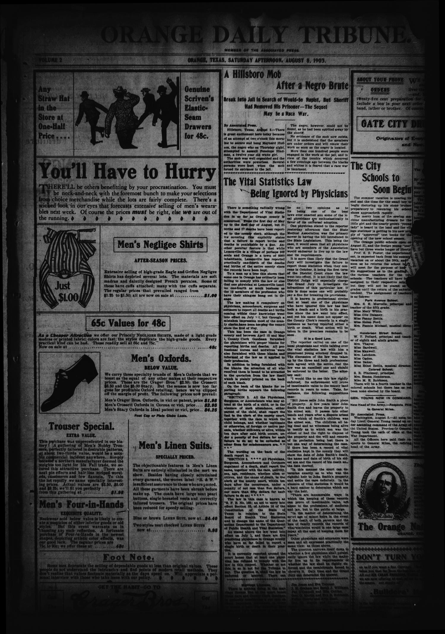 Orange Daily Tribune. (Orange, Tex.), Vol. 2, No. 115, Ed. 1 Saturday, August 8, 1903
                                                
                                                    [Sequence #]: 1 of 4
                                                