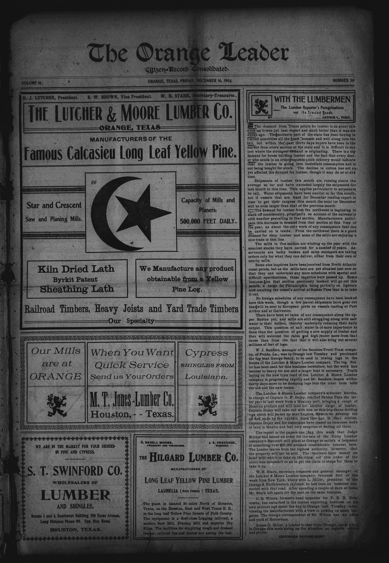The Orange Leader, Citizen-Record Consolidated (Orange, Tex.), Vol. 16, No. 30, Ed. 1 Friday, December 16, 1904
                                                
                                                    [Sequence #]: 1 of 10
                                                