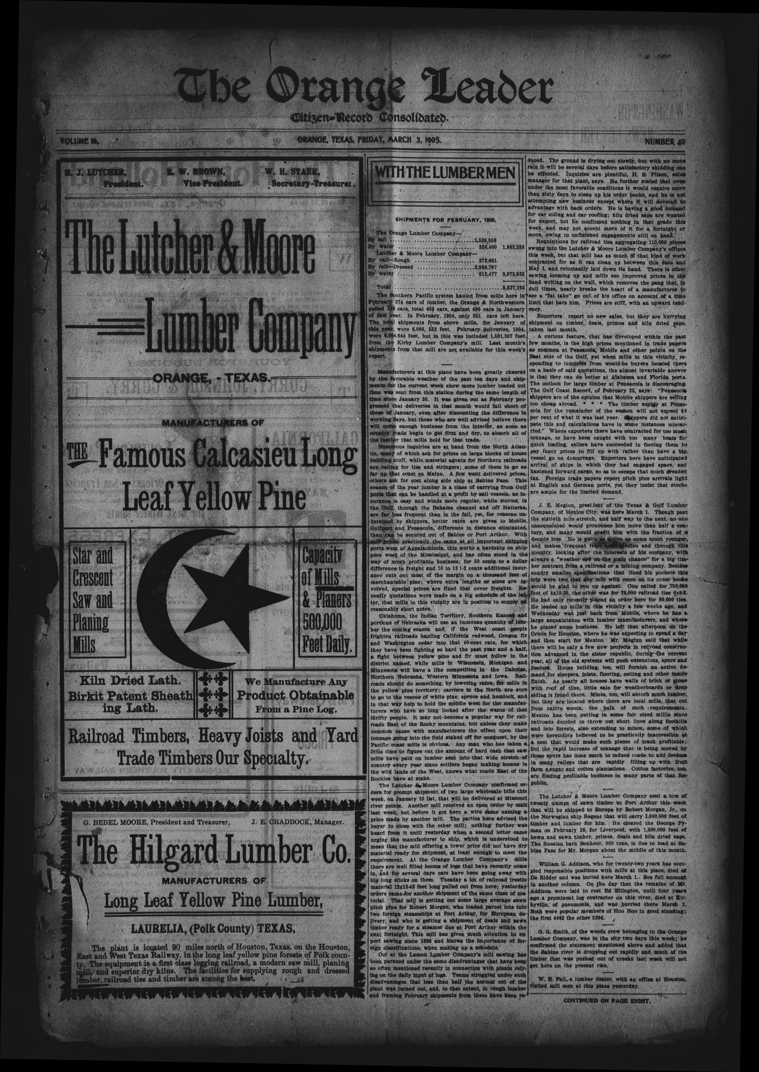 The Orange Leader, Citizen-Record Consolidated (Orange, Tex.), Vol. 16, No. 40, Ed. 1 Friday, March 3, 1905
                                                
                                                    [Sequence #]: 1 of 8
                                                