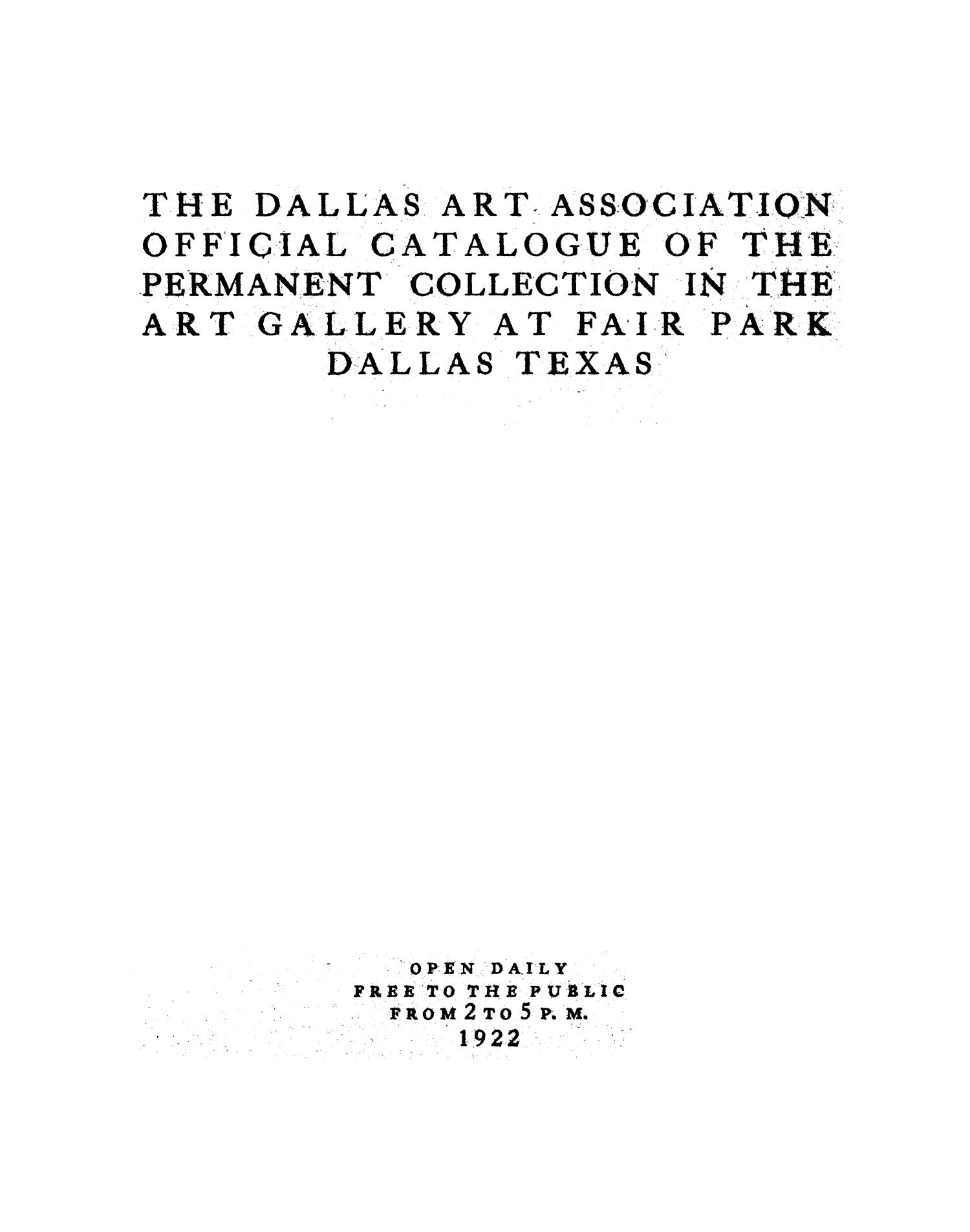 Official Catalogue of the Permanent Collection in the Art Gallery at Fair Park, Dallas, Texas
                                                
                                                    Front Cover
                                                