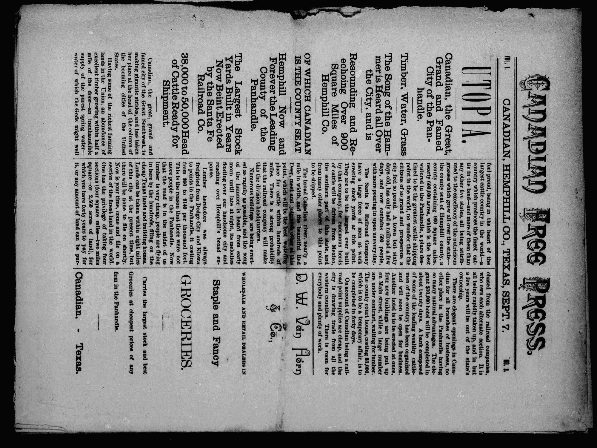 Canadian Free Press. (Canadian, Tex.), Vol. 1, No. 3, Ed. 1 Wednesday, September 7, 1887
                                                
                                                    [Sequence #]: 1 of 6
                                                