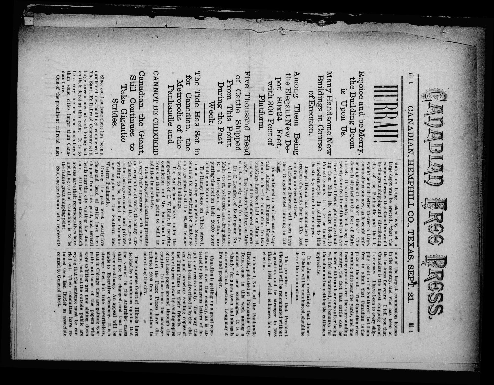 Canadian Free Press. (Canadian, Tex.), Vol. 1, No. 5, Ed. 1 Wednesday, September 21, 1887
                                                
                                                    [Sequence #]: 1 of 8
                                                