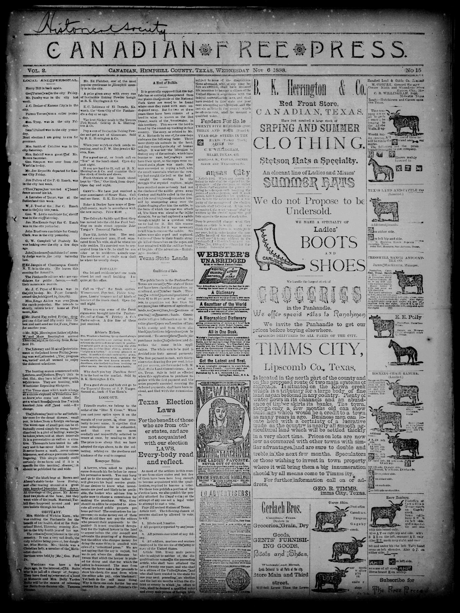 Canadian Free Press. (Canadian, Tex.), Vol. 2, No. 15, Ed. 1 Wednesday, November 7, 1888
                                                
                                                    [Sequence #]: 1 of 4
                                                