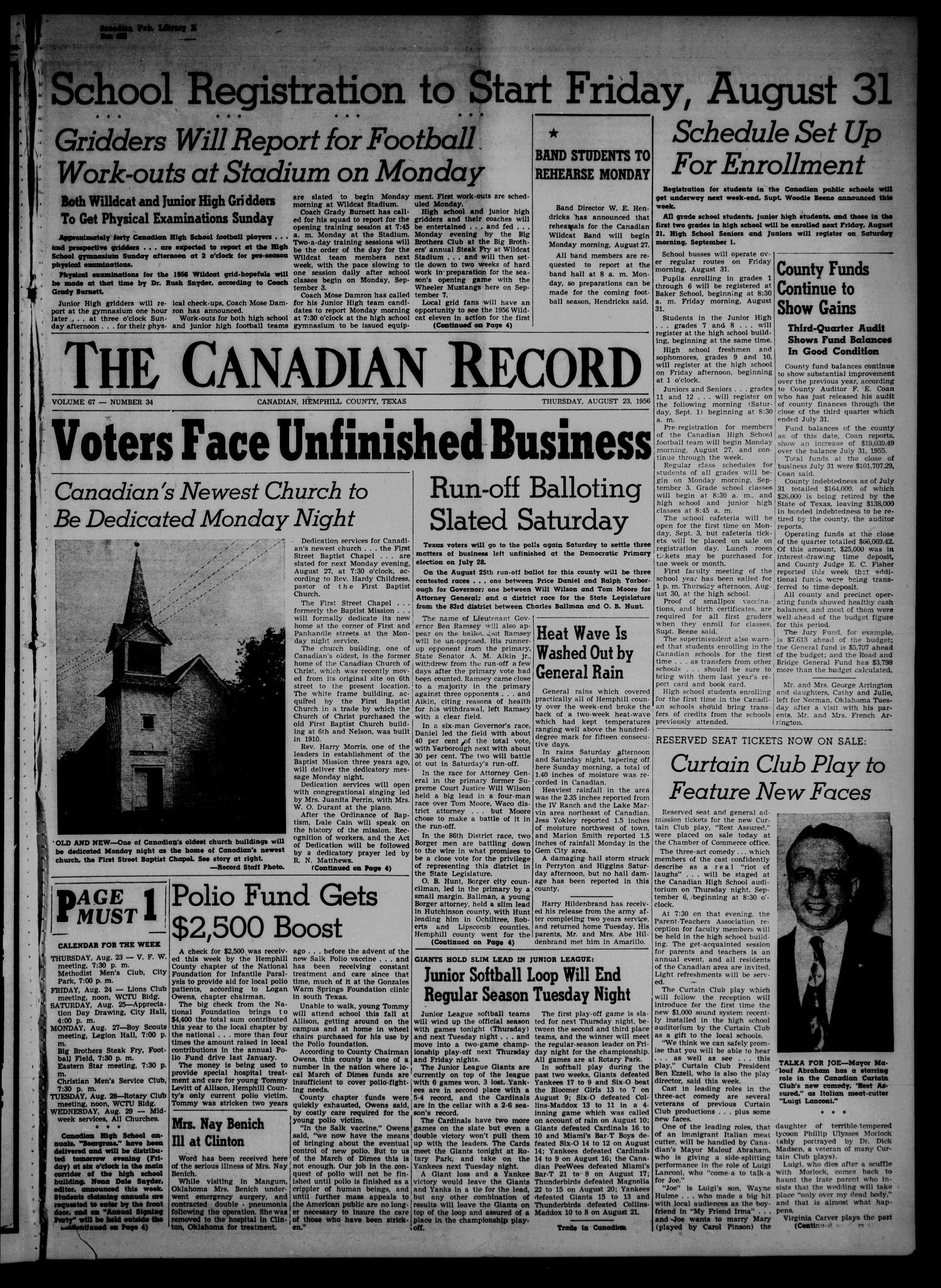 The Canadian Record (Canadian, Tex.), Vol. 67, No. 34, Ed. 1 Thursday, August 23, 1956
                                                
                                                    [Sequence #]: 1 of 8
                                                