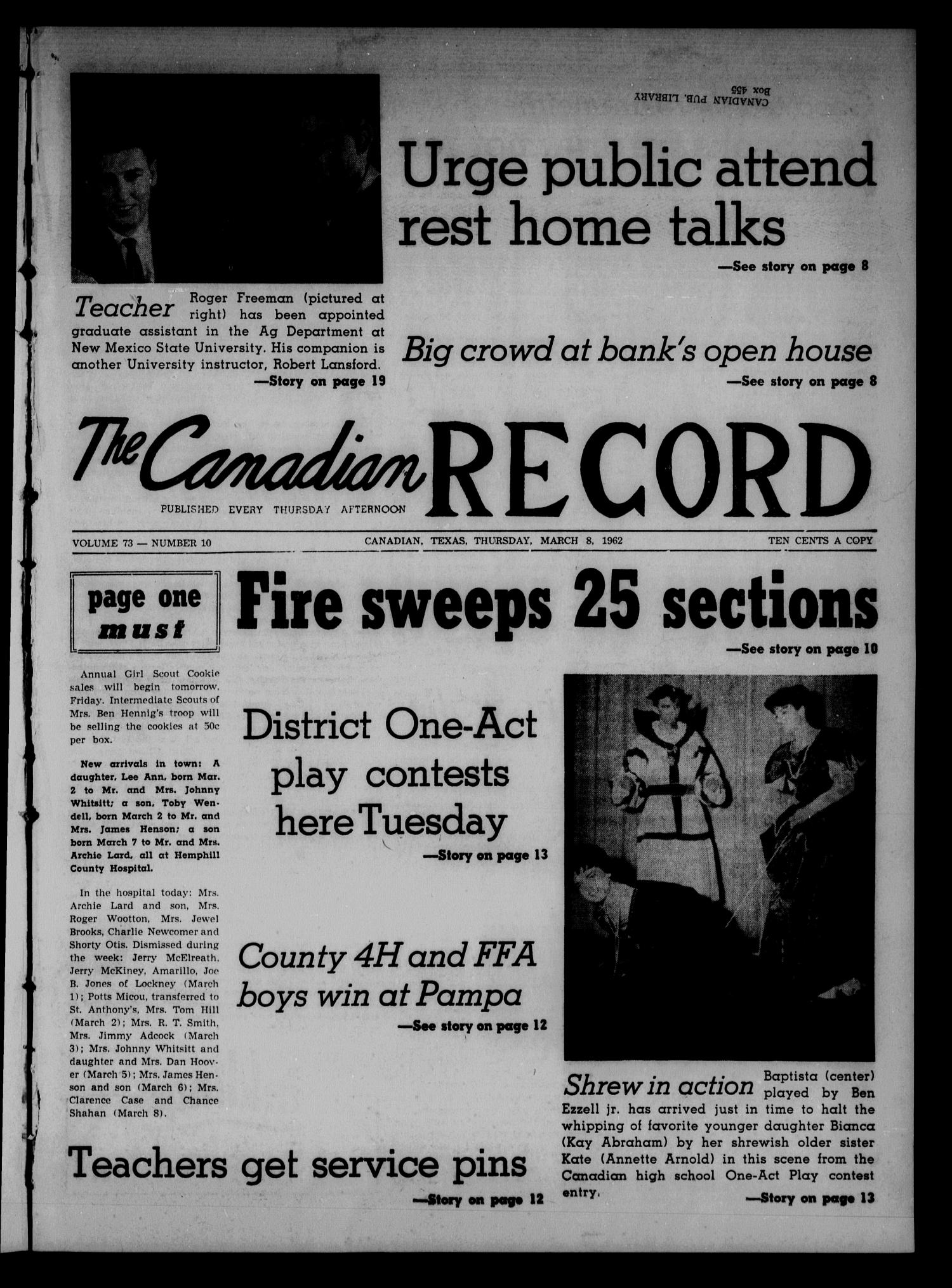 The Canadian Record (Canadian, Tex.), Vol. 73, No. 10, Ed. 1 Thursday, March 8, 1962
                                                
                                                    [Sequence #]: 1 of 16
                                                