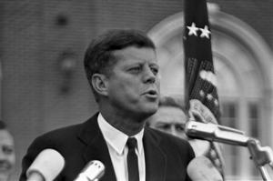 Primary view of object titled '[President Kennedy speaking outside the Hotel Texas in Fort Worth]'.