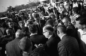 Primary view of object titled '[Senator Ralph Yarborough with press outside Parkland Hospital]'.