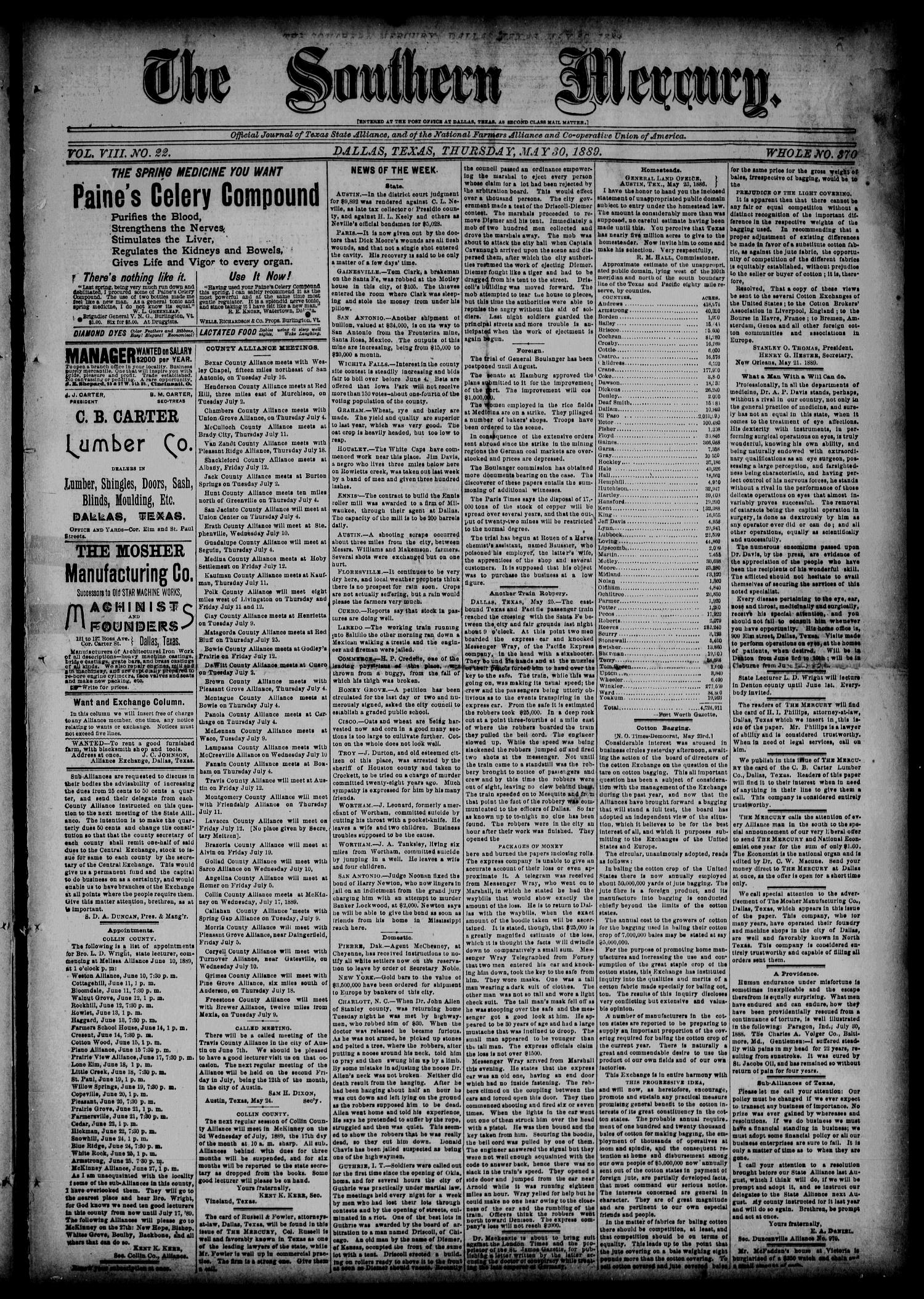 The Southern Mercury (Dallas, Tex.), Vol. 8, No. 22, Ed. 1 Thursday, May 30, 1889
                                                
                                                    [Sequence #]: 1 of 8
                                                