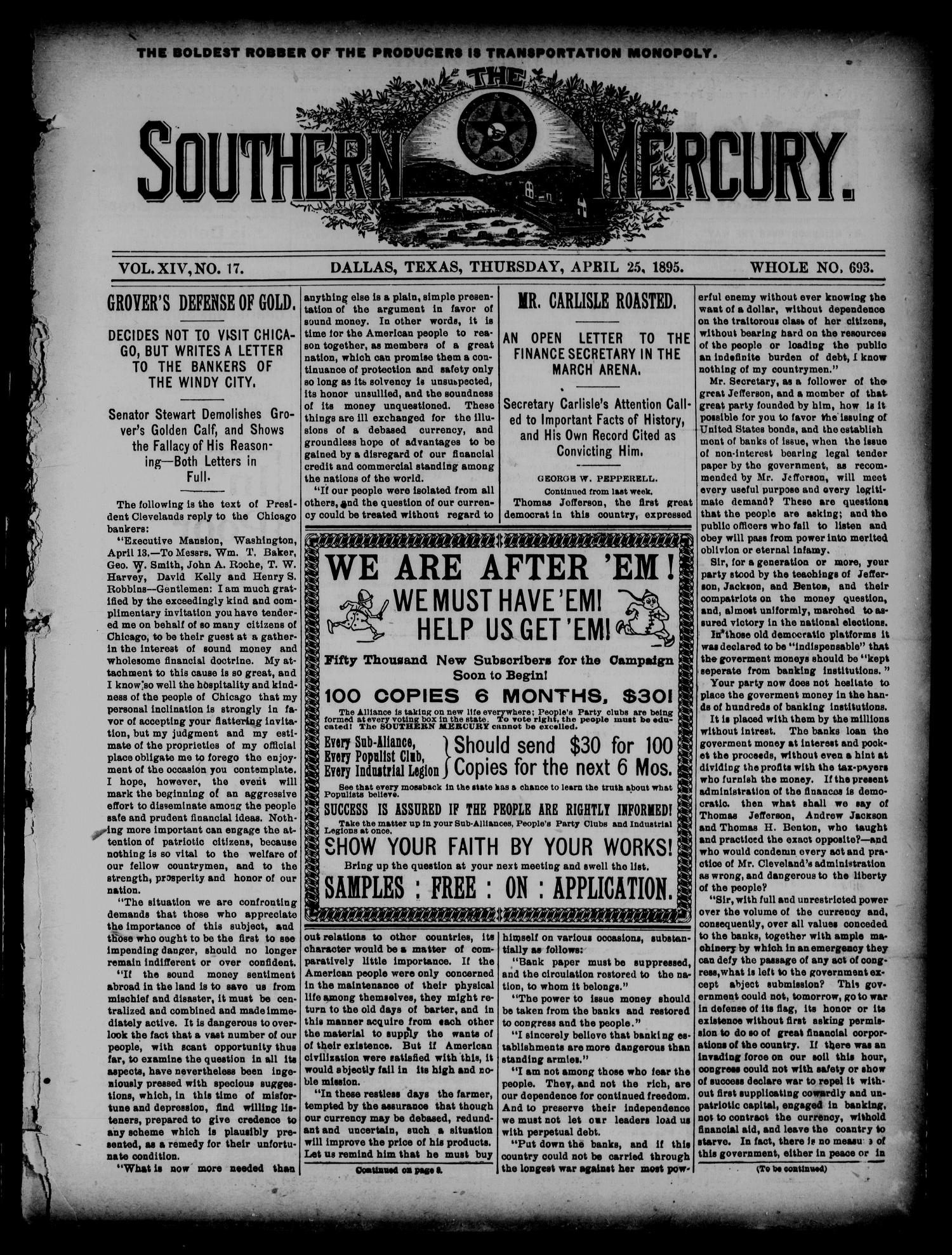 The Southern Mercury. (Dallas, Tex.), Vol. 14, No. 17, Ed. 1 Thursday, April 25, 1895
                                                
                                                    [Sequence #]: 1 of 16
                                                