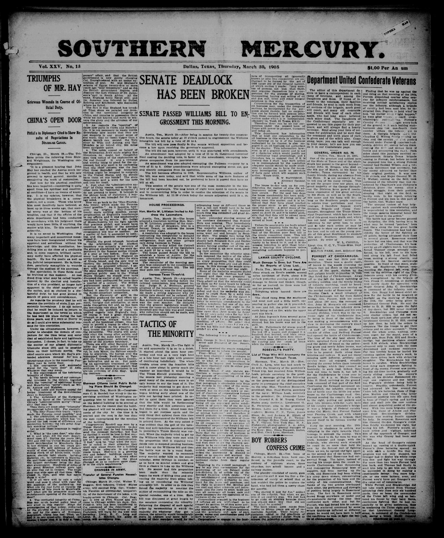 Southern Mercury. (Dallas, Tex.), Vol. 25, No. 13, Ed. 1 Thursday, March 30, 1905
                                                
                                                    [Sequence #]: 1 of 8
                                                
