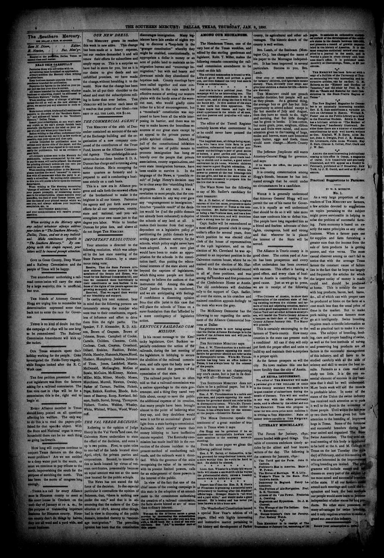 The Southern Mercury, Texas Farmers' Alliance Advocate. (Dallas, Tex.), Vol. 9, No. 2, Ed. 1 Thursday, January 9, 1890
                                                
                                                    [Sequence #]: 4 of 8
                                                