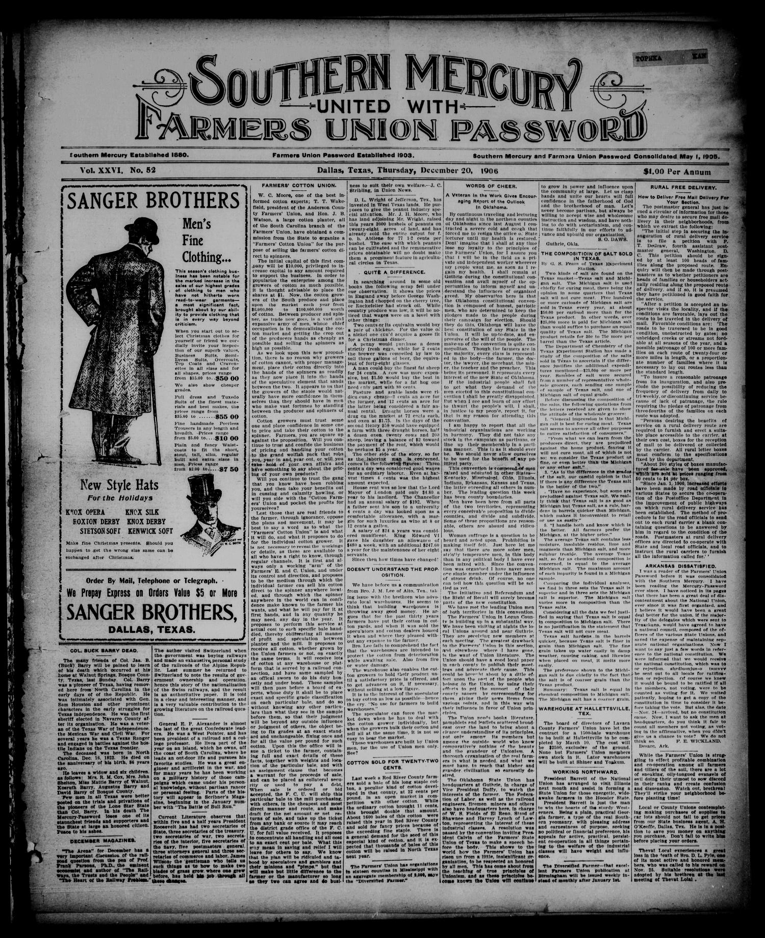 Southern Mercury United with the Farmers Union Password. (Dallas, Tex.), Vol. 26, No. 52, Ed. 1 Thursday, December 20, 1906
                                                
                                                    [Sequence #]: 1 of 8
                                                