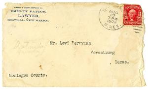Primary view of object titled '[Envelope from Emmett Patton to Levi Perryman, August 17, 1908]'.