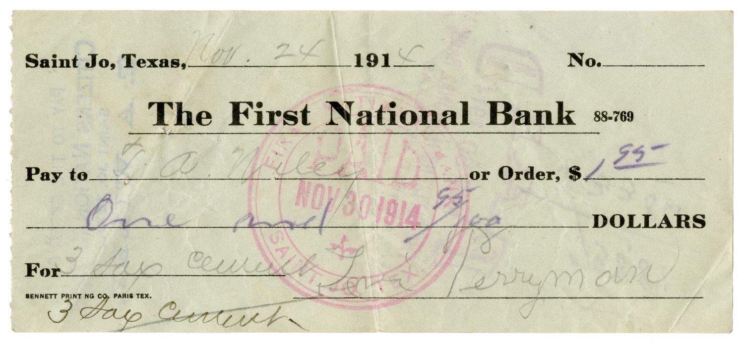 [Check from Levi Perryman to T.A Wiley, November 21, 1914]
                                                
                                                    [Sequence #]: 1 of 2
                                                