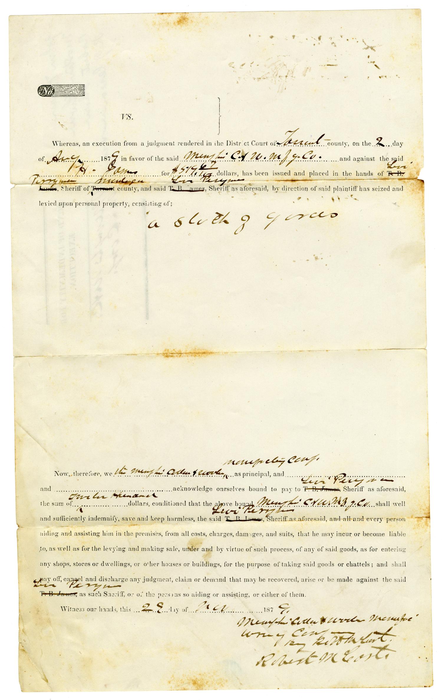 [Bond of Indemnity for Execution,  August 2, 1879]
                                                
                                                    [Sequence #]: 1 of 2
                                                