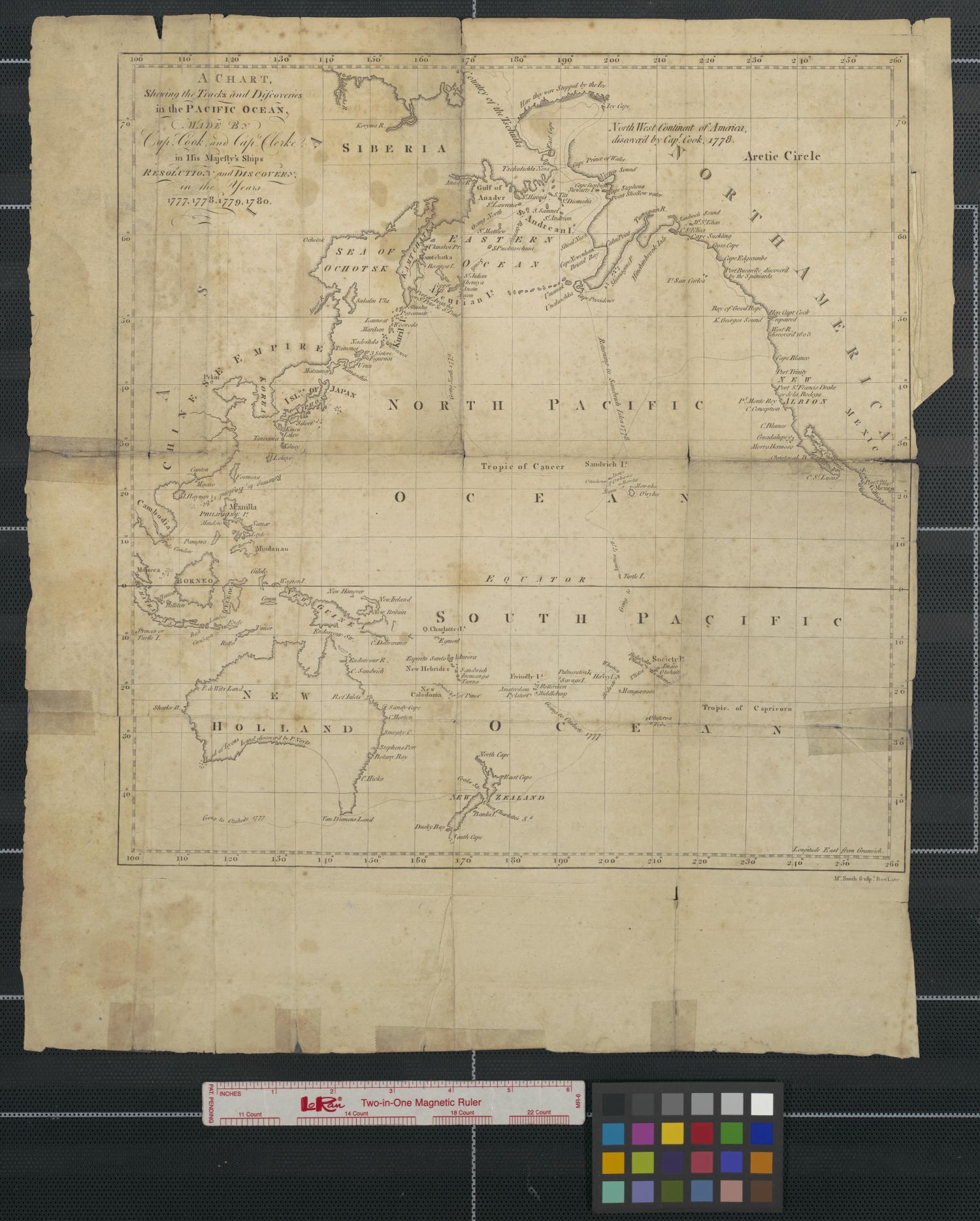 A chart shewing [sic] the tracks and discoveries in the Pacific ocean made by Capt. Cook and Capt. Clerke in His Majesty's ships Resolution and Discovery, in the years 1777, 1778, 1779, 1780.
                                                
                                                    [Sequence #]: 1 of 2
                                                
