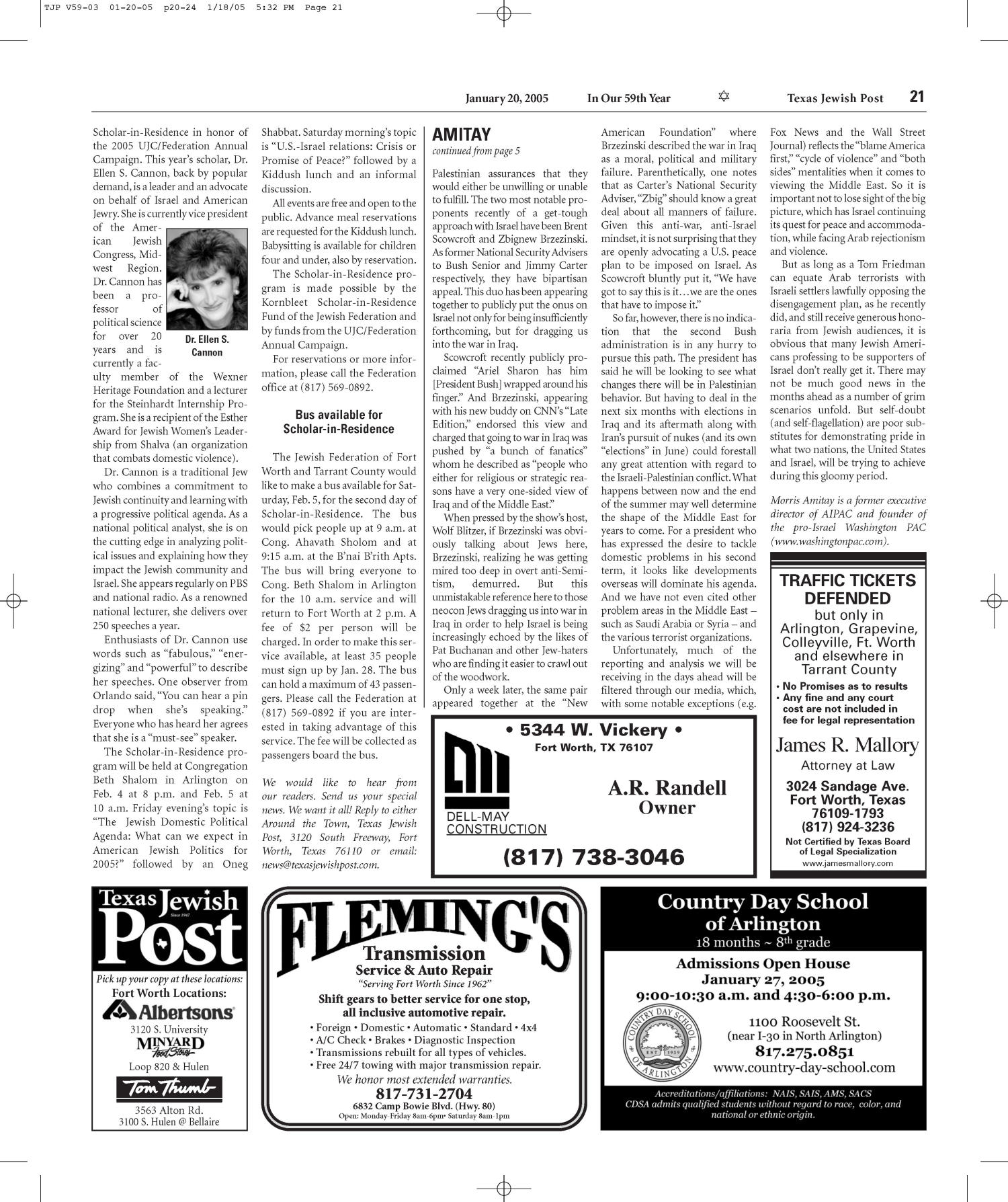 Texas Jewish Post (Fort Worth, Tex.), Vol. 59, No. 3, Ed. 1 Thursday, January 20, 2005
                                                
                                                    [Sequence #]: 21 of 24
                                                