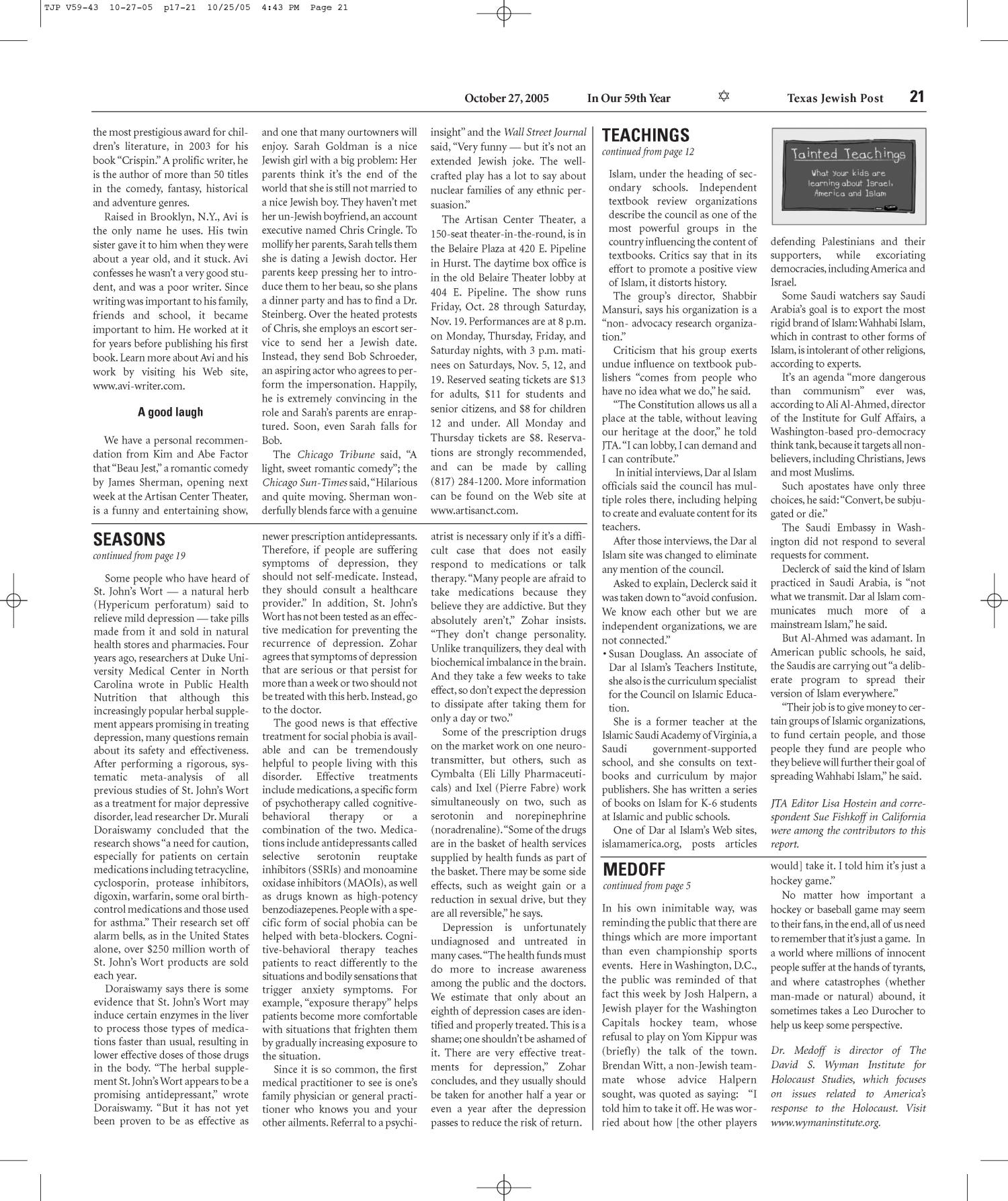 Texas Jewish Post (Fort Worth, Tex.), Vol. 59, No. 43, Ed. 1 Thursday, October 27, 2005
                                                
                                                    [Sequence #]: 21 of 24
                                                