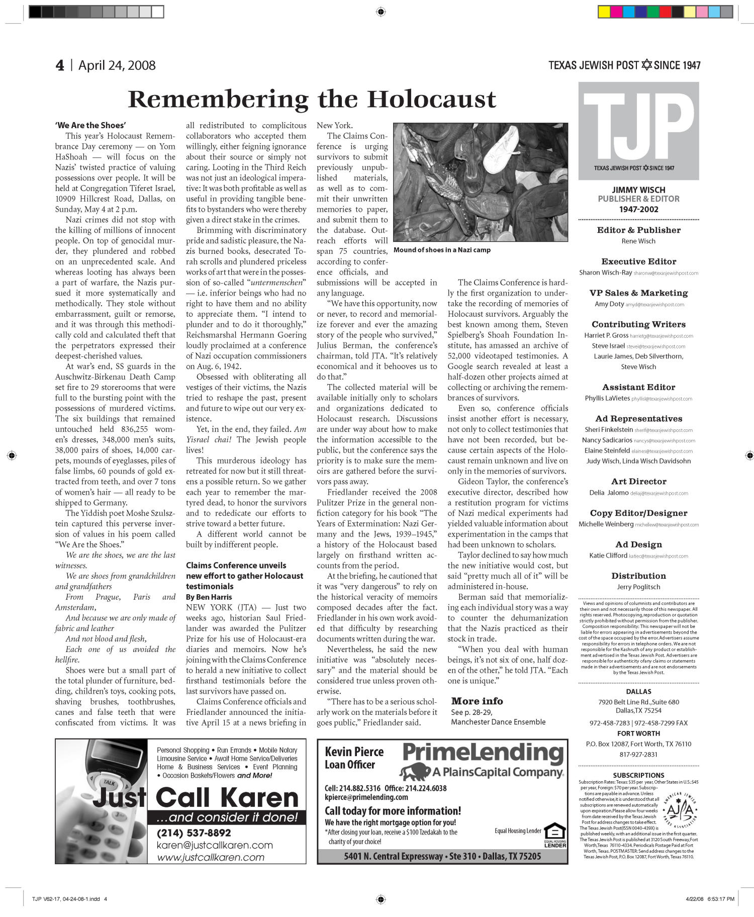 Texas Jewish Post (Fort Worth, Tex.), Vol. 62, No. 17, Ed. 1 Thursday, April 24, 2008
                                                
                                                    [Sequence #]: 4 of 31
                                                