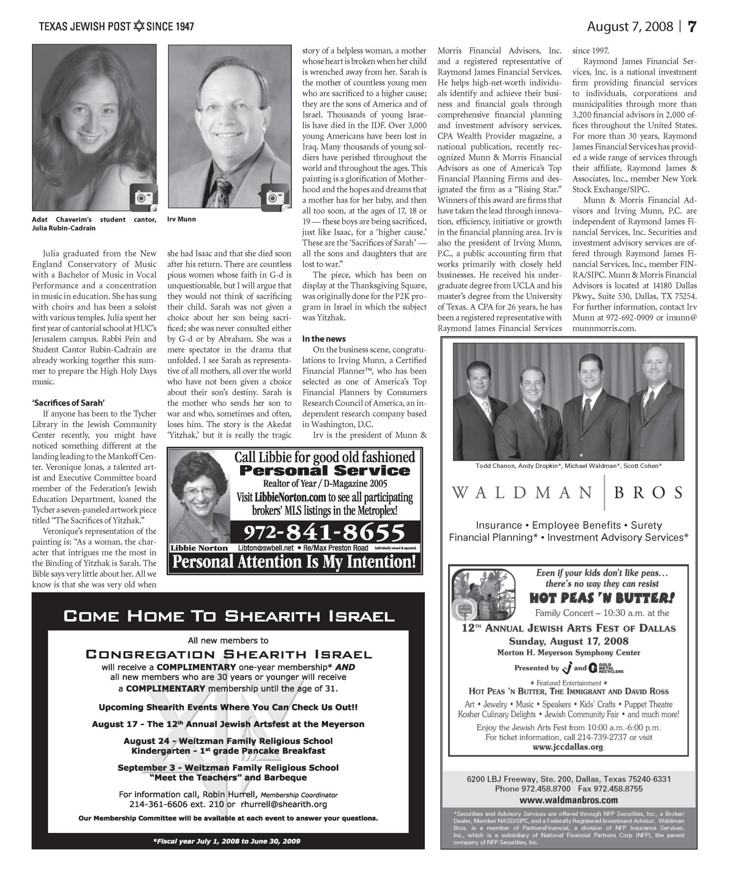 Texas Jewish Post (Fort Worth, Tex.), Vol. 62, No. 32, Ed. 1 Thursday, August 7, 2008
                                                
                                                    [Sequence #]: 7 of 32
                                                