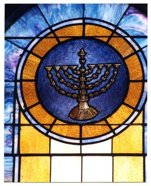 Primary view of [Stained Glass Window Pane of Hanukkah Menorah]