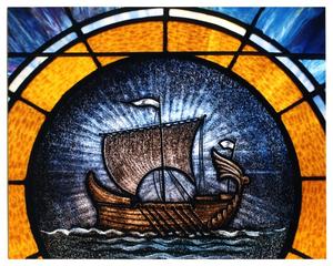 Primary view of object titled '[Stained Glass Window Pane of a Ship]'.