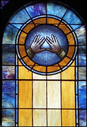 Primary view of [Stained Glass Window Pane of Outstretched Hands]