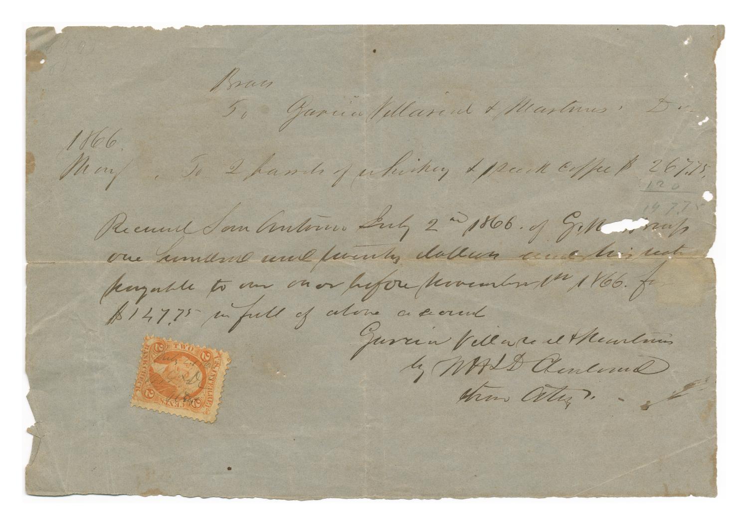 [Receipt for $120, July 2, 1866]
                                                
                                                    [Sequence #]: 1 of 2
                                                