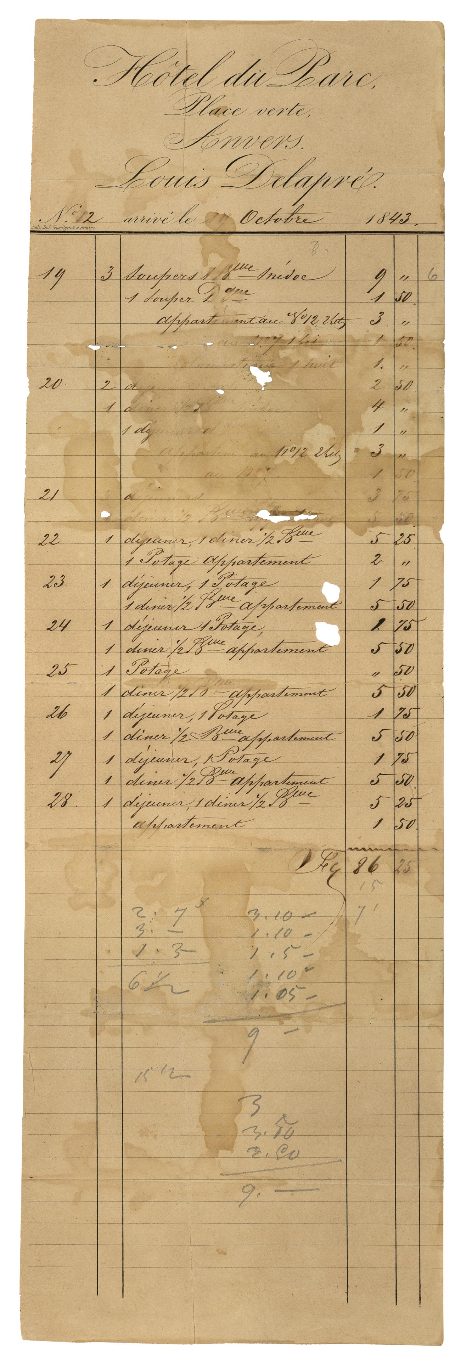 [Bill for the Hôtel du Parc, October 12, 1843]
                                                
                                                    [Sequence #]: 1 of 2
                                                