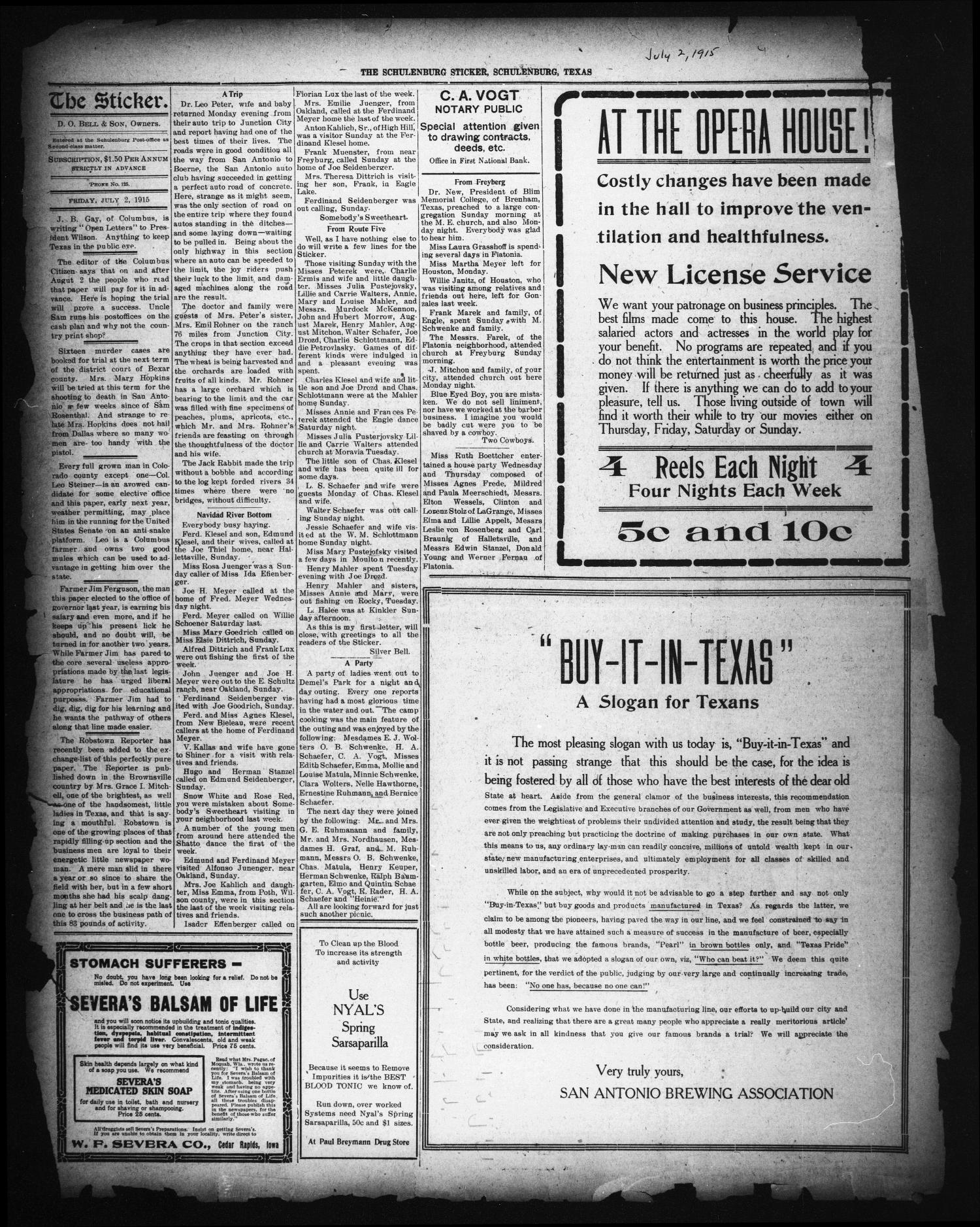 The Schulenburg Sticker (Schulenburg, Tex.), Ed. 1 Friday, July 2, 1915
                                                
                                                    [Sequence #]: 1 of 1
                                                