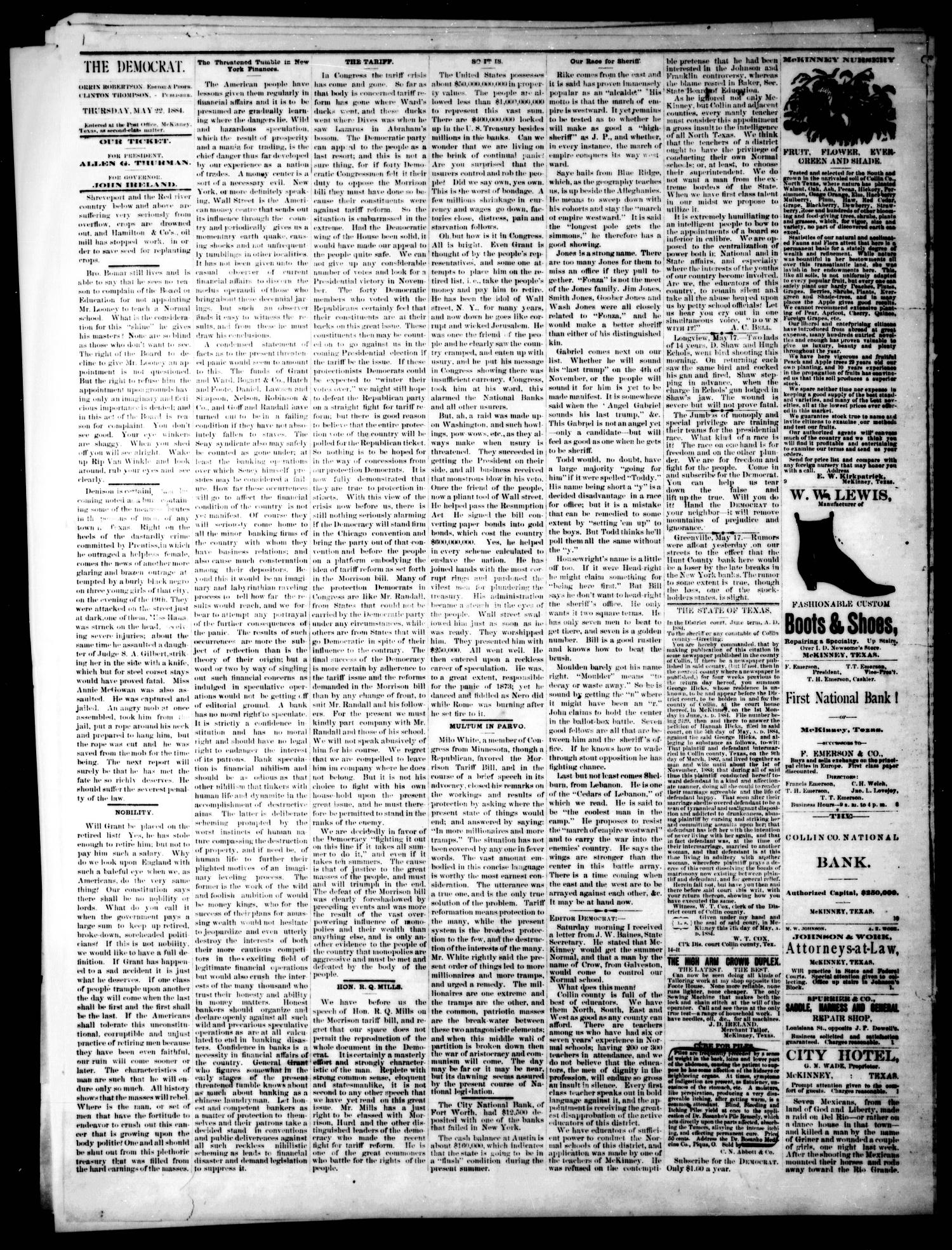 The Democrat. (McKinney, Tex.), Vol. 1, No. 16, Ed. 1 Thursday, May 22, 1884
                                                
                                                    [Sequence #]: 2 of 4
                                                