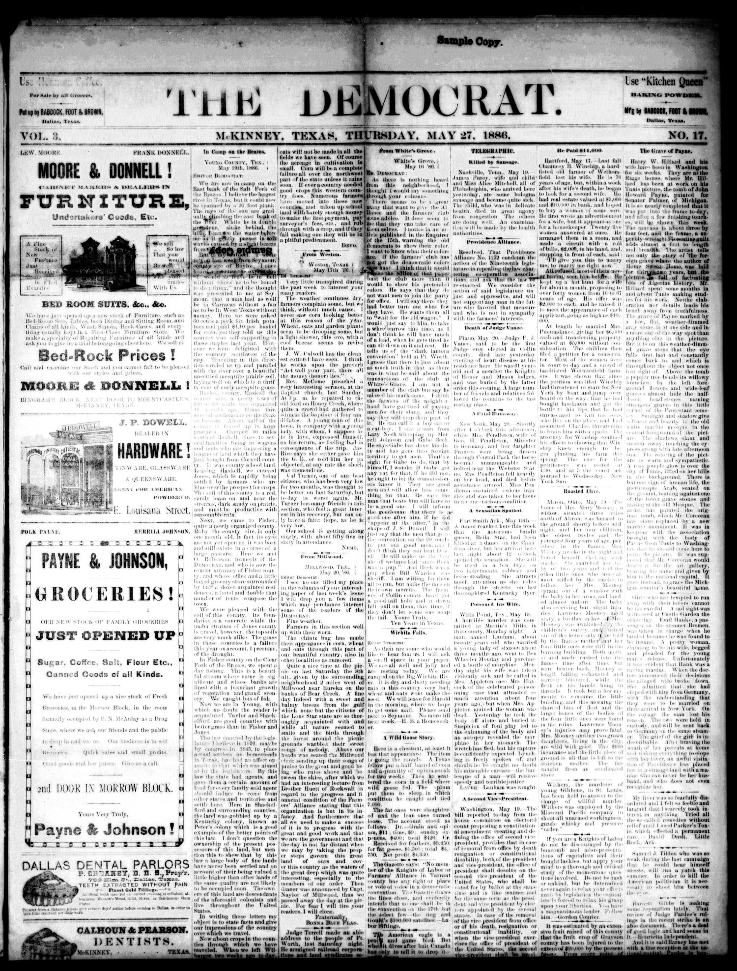 The Democrat. (McKinney, Tex.), Vol. 3, No. 17, Ed. 1 Thursday, May 27, 1886
                                                
                                                    [Sequence #]: 1 of 4
                                                