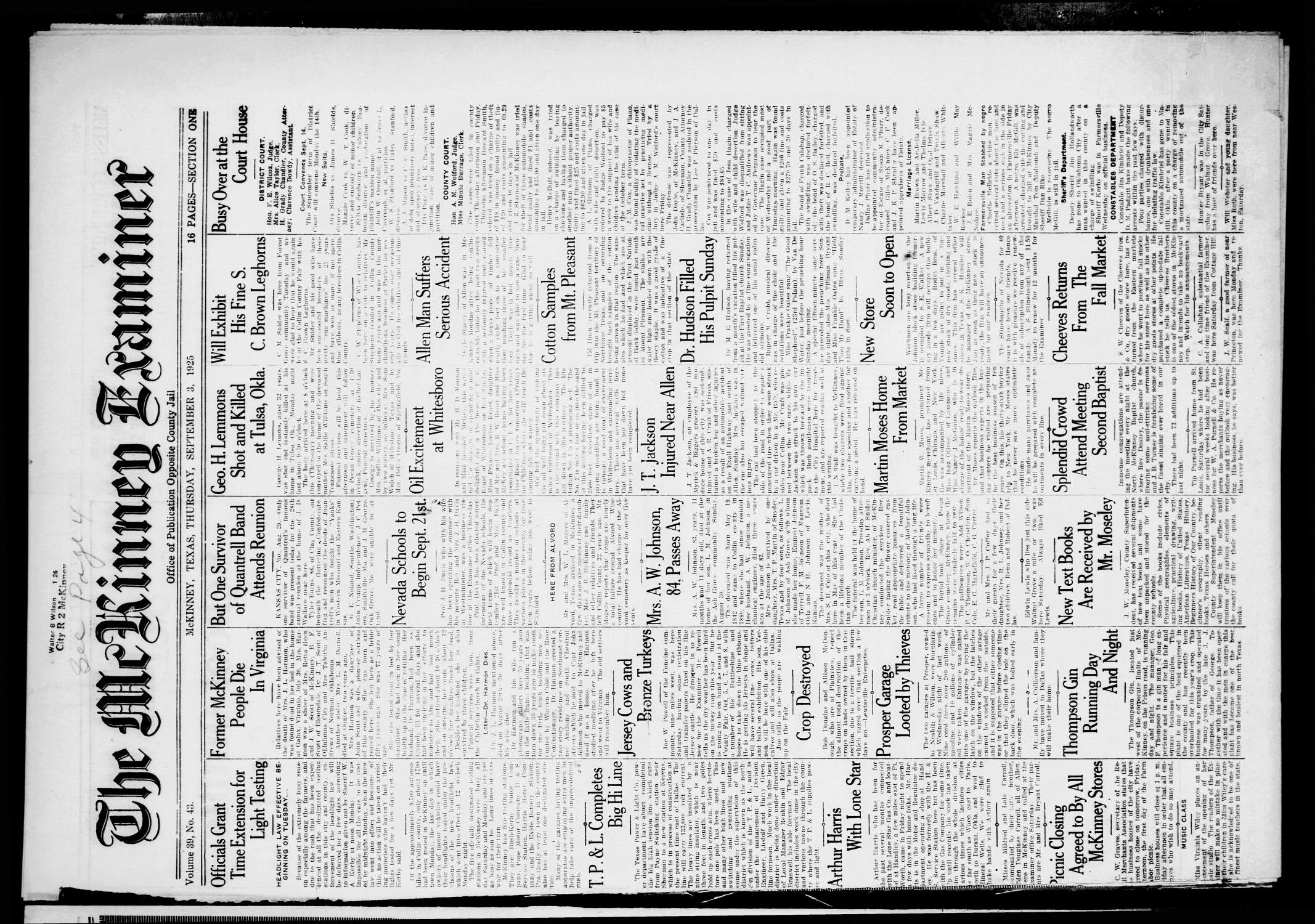 The McKinney Examiner. (McKinney, Tex.), Vol. 39, No. 43, Ed. 1 Thursday, September 3, 1925
                                                
                                                    [Sequence #]: 1 of 16
                                                