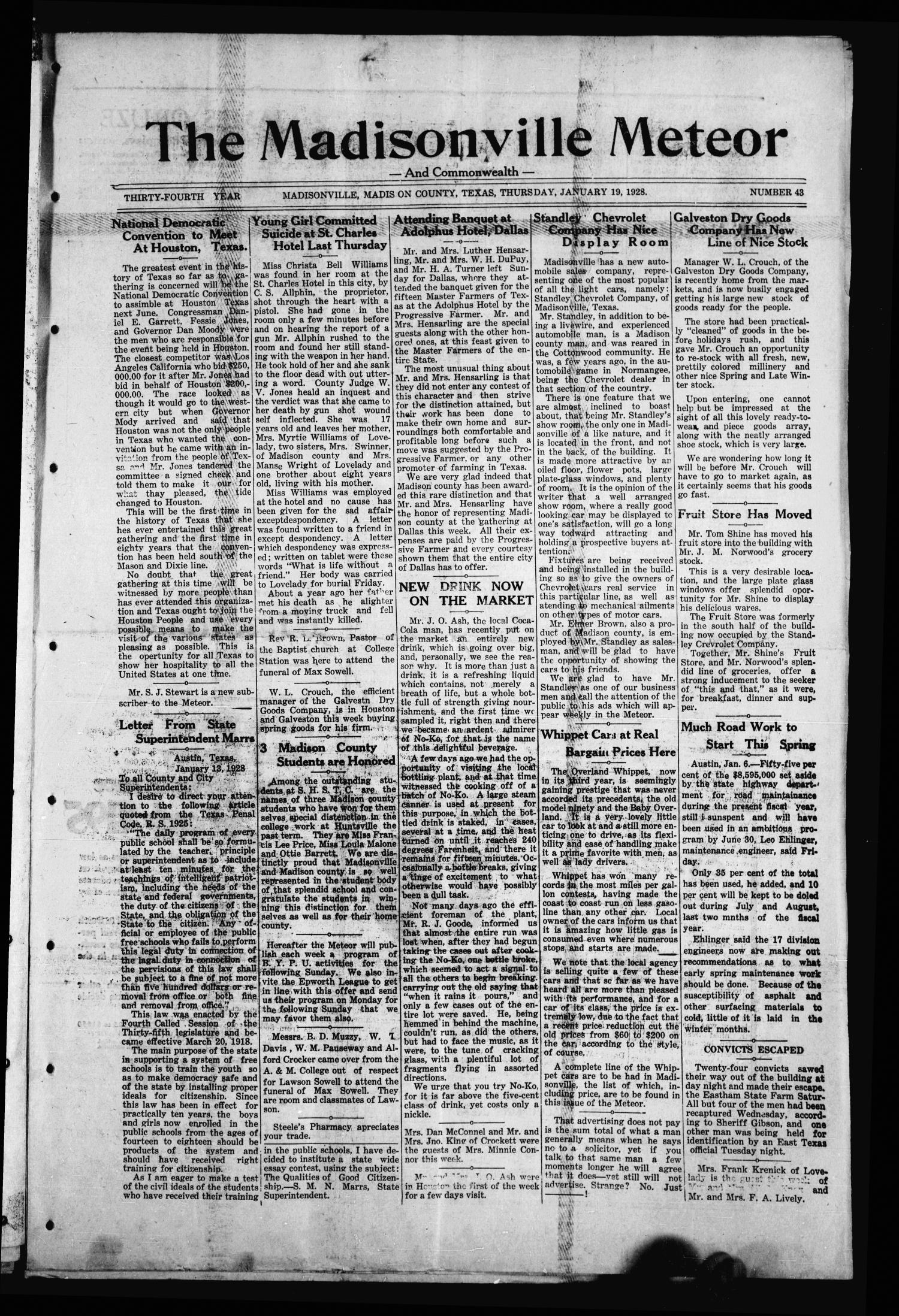 The Madisonville Meteor - And Commonwealth - (Madisonville, Tex.), Vol. 34, No. 43, Ed. 1 Thursday, January 19, 1928
                                                
                                                    [Sequence #]: 1 of 10
                                                