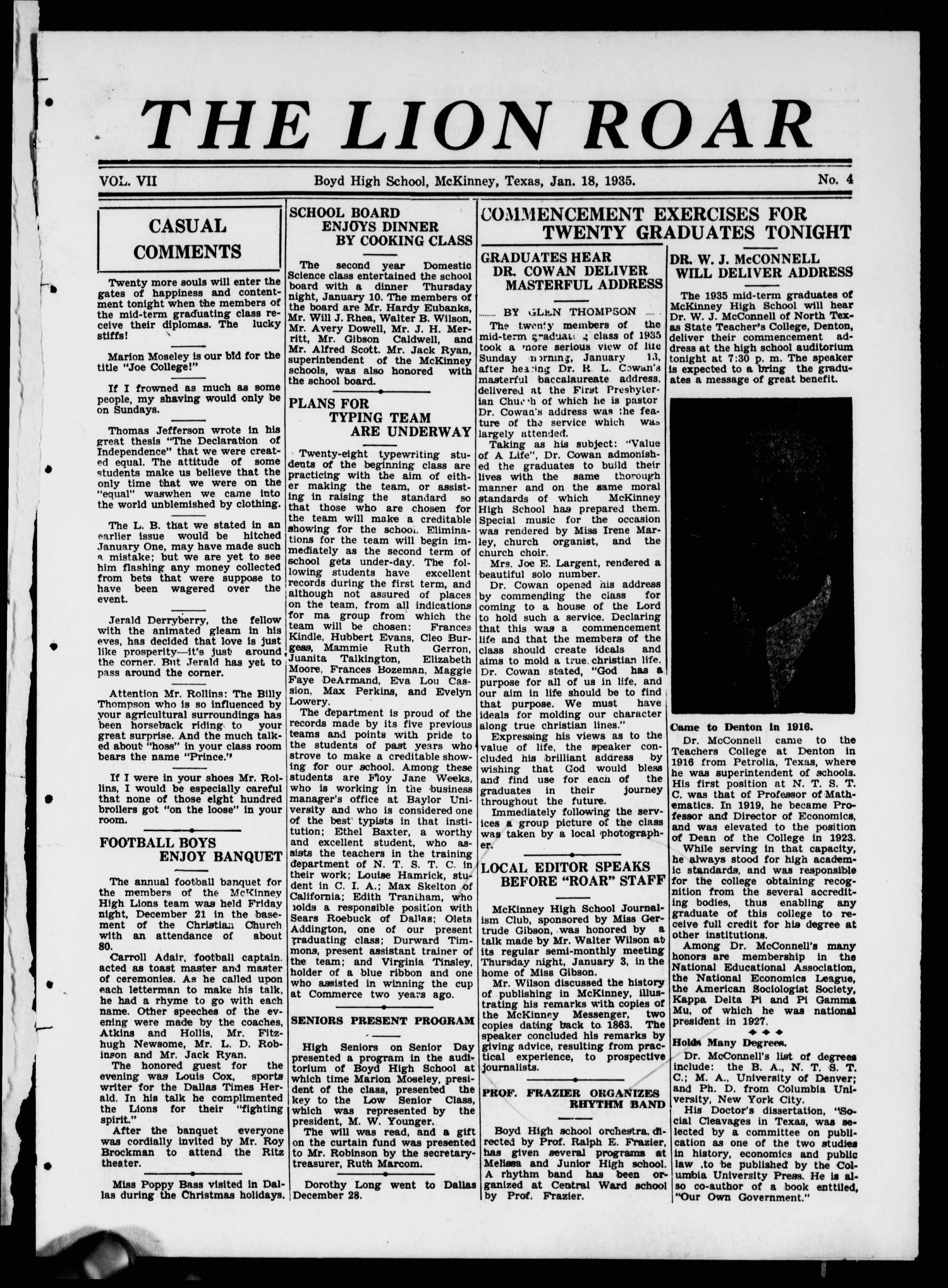 The Lion Roar (McKinney, Tex.), Vol. 7, No. 4, Ed. 1 Friday, January 18, 1935
                                                
                                                    [Sequence #]: 1 of 4
                                                