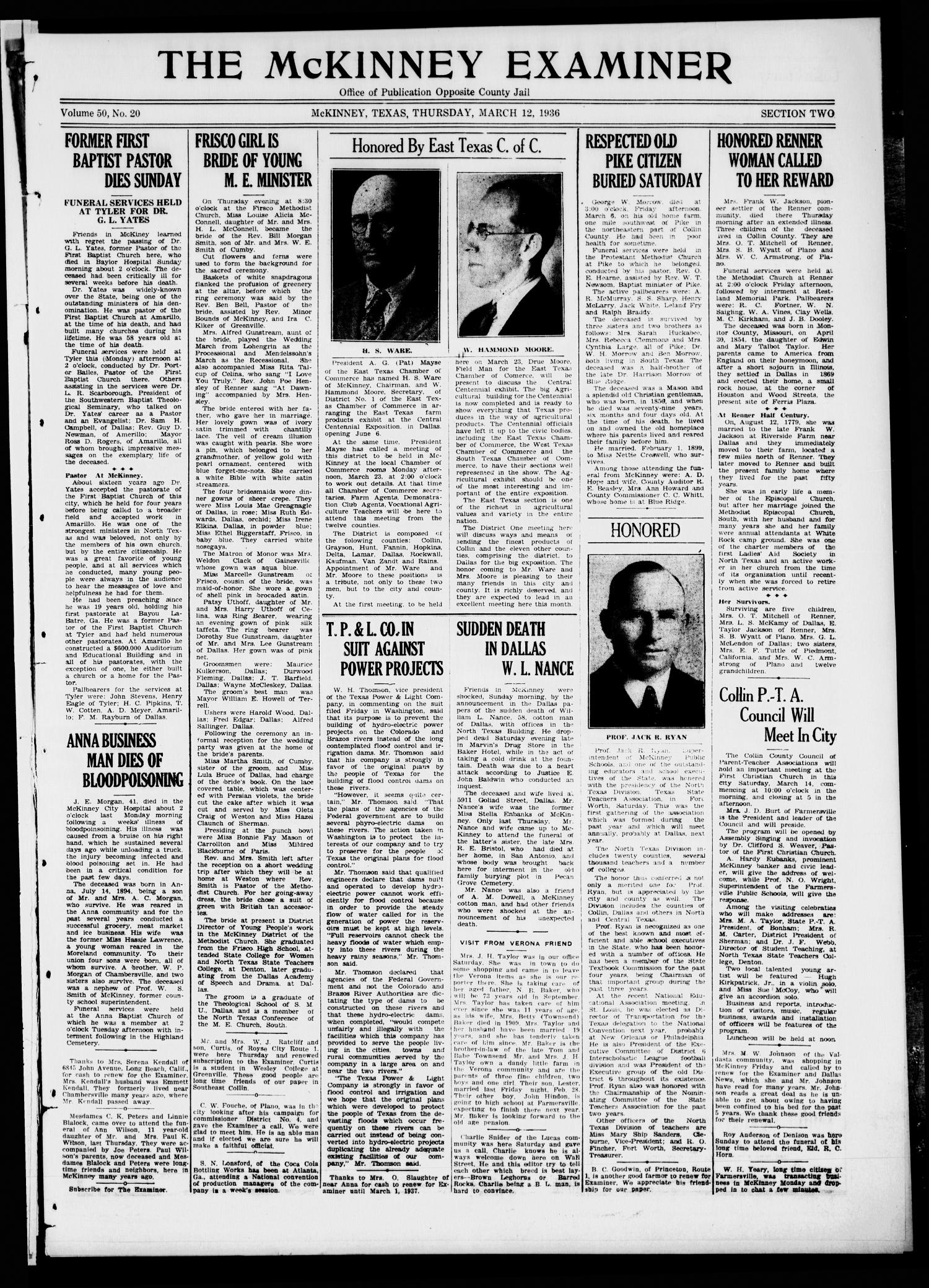 The McKinney Examiner. (McKinney, Tex.), Vol. 50, No. 20, Ed. 1 Thursday, March 12, 1936
                                                
                                                    [Sequence #]: 1 of 10
                                                