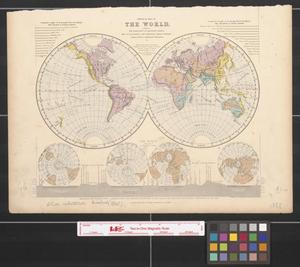 Primary view of object titled 'Physical map of the world showing the directions of mountain-chains, the ocean-basins and principal river-systems, trade-wind & monsoon-regions, &c.'.