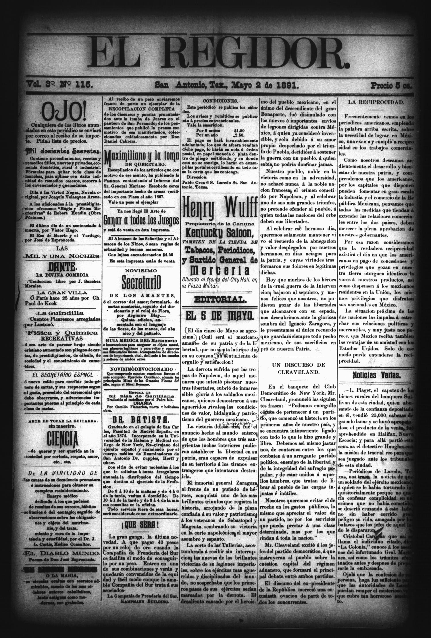 El Regidor. (San Antonio, Tex.), Vol. 3, No. 115, Ed. 1 Saturday, May 2, 1891
                                                
                                                    [Sequence #]: 1 of 4
                                                