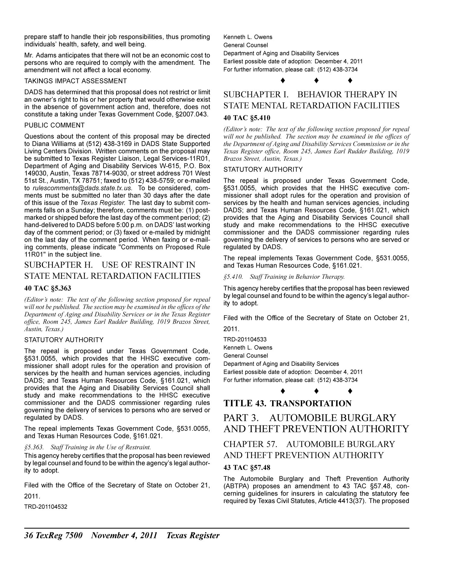 Texas Register, Volume 36, Number 44, Pages 7417-7610, November 4, 2011
                                                
                                                    7500
                                                