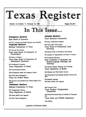 Primary view of object titled 'Texas Register, Volume 16, Number 11, Pages 801-927, February 12, 1991'.