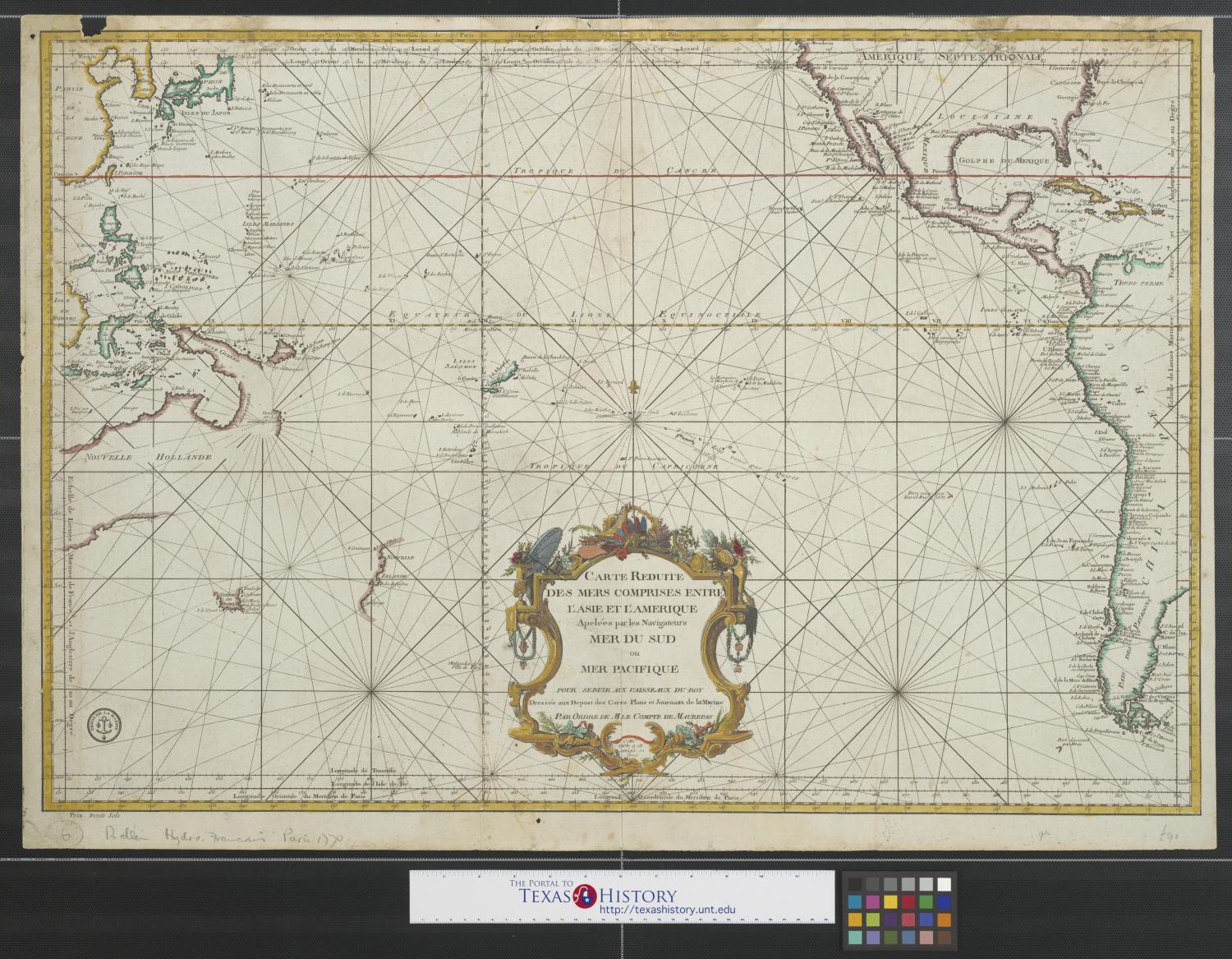 Carte réduite des mers comprises entre l'Asie et l'Amérique appelées par les navigateurs Mer du Sud ou mer Pacifique pour servir aux vaisseaux du roi.
                                                
                                                    [Sequence #]: 1 of 2
                                                