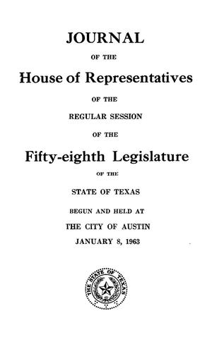 Primary view of object titled 'Journal of the House of Representatives of the Regular Session of the Fifty-Eighth Legislature of the State of Texas, Volume 1'.