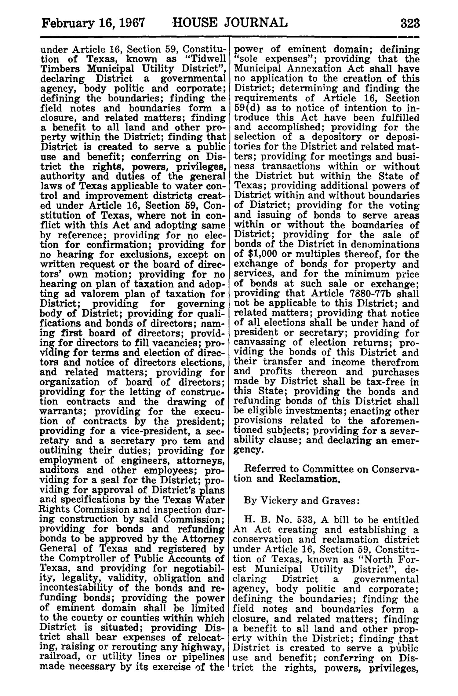 Journal of the House of Representatives of the Regular Session of the Sixtieth Legislature of the State of Texas, Volume 1
                                                
                                                    323
                                                
