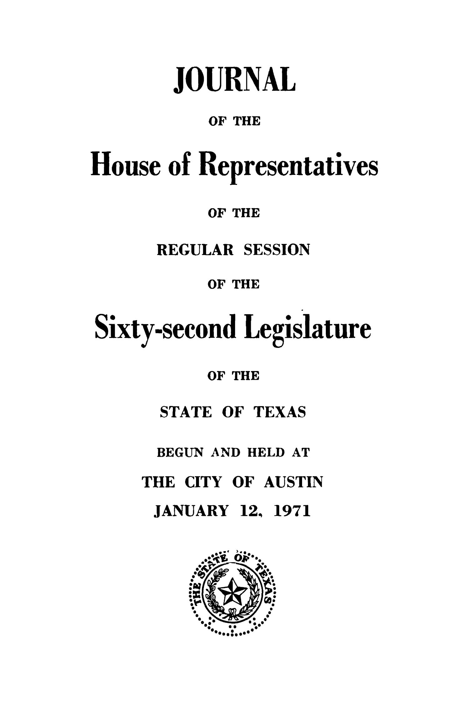 Journal of the House of Representatives of the Regular Session of the Sixty-Second Legislature of the State of Texas, Volume 1
                                                
                                                    Title Page
                                                