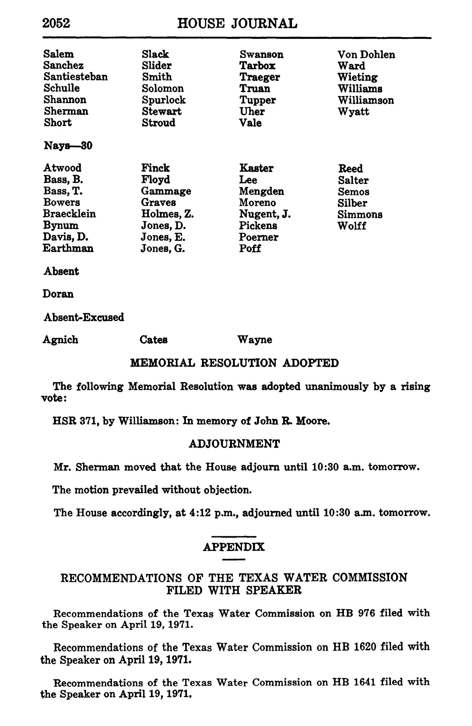 Journal of the House of Representatives of the Regular Session of the Sixty-Second Legislature of the State of Texas, Volume 2
                                                
                                                    2052
                                                