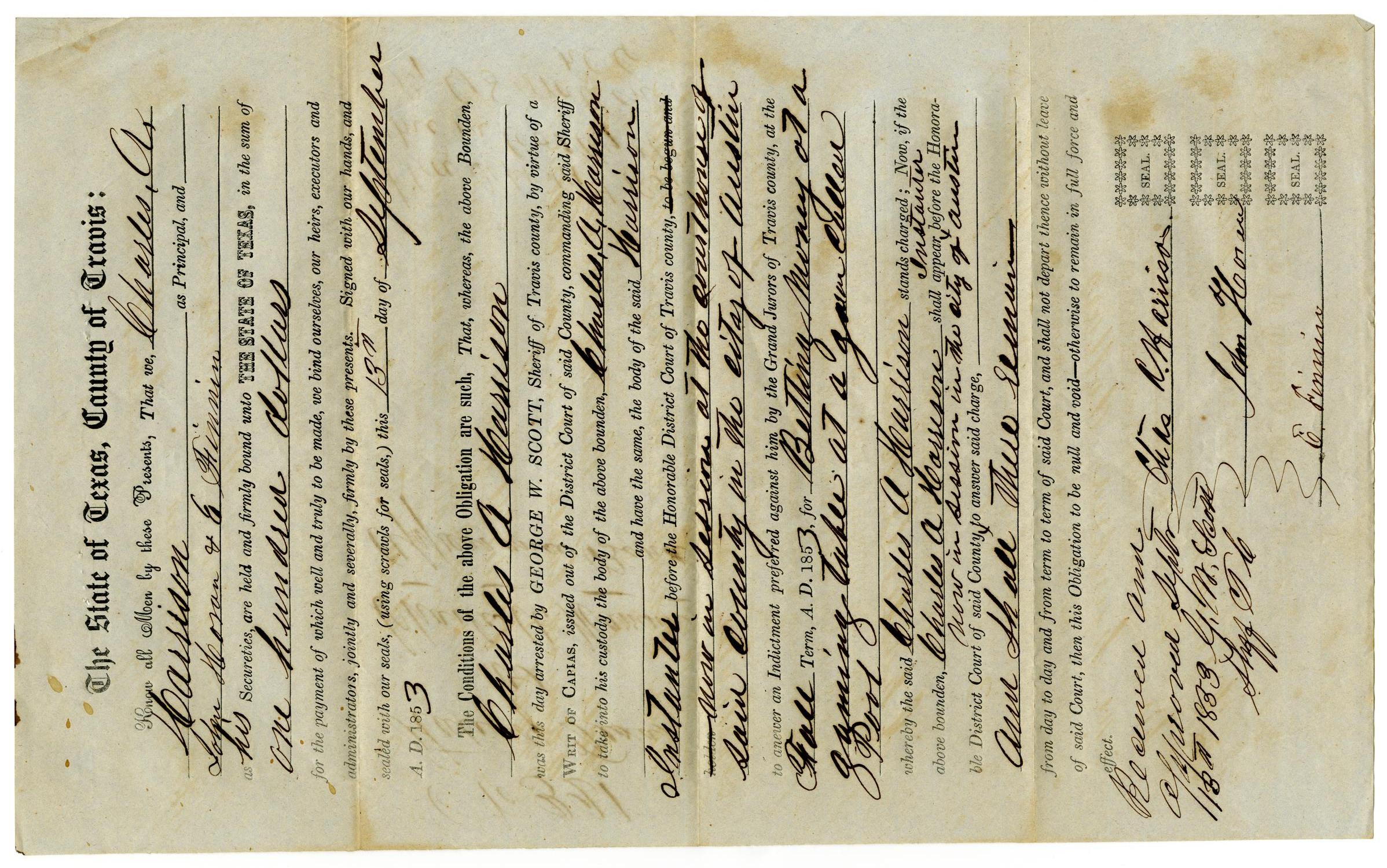 Documents pertaining to the case of The State of Texas vs. Charles A. Harrison, cause no. 321, 1853
                                                
                                                    [Sequence #]: 3 of 8
                                                