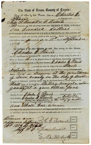 Primary view of object titled 'Documents pertaining to the case of The State of Texas vs. Charles E. Travis, cause no. 325, 1853'.